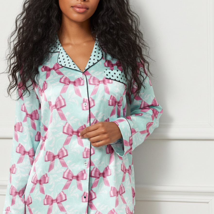 Shop women’s pajama tops in soft, lightweight satin silky fabrics with fun prints. 