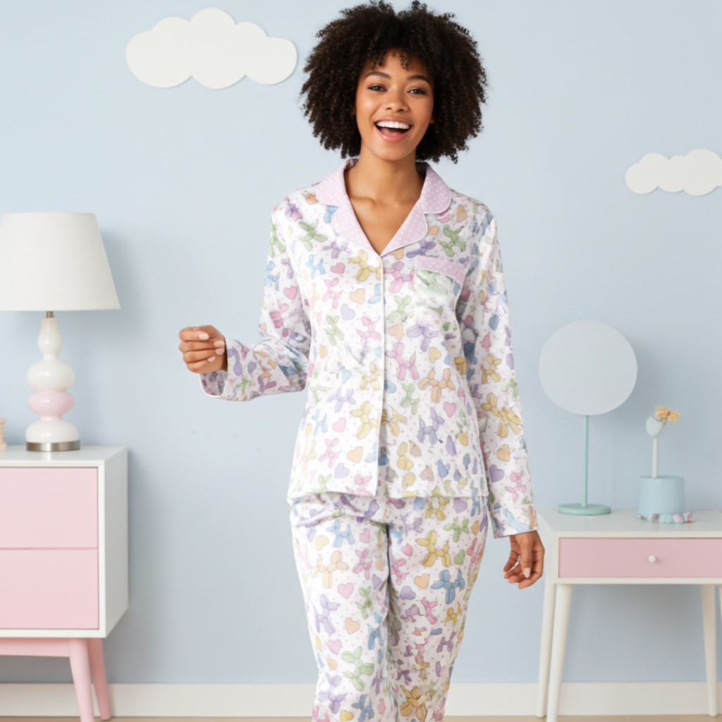 Women’s Pastel Balloon Animals Dog Satin Pajama Pants Slumberette™
