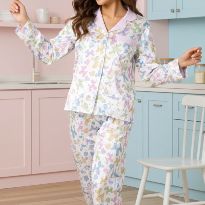 Women’s Pastel Balloon Animals Dog Long Sleeve Satin Pajama Top Women's Pajama Shirts Slumberette™