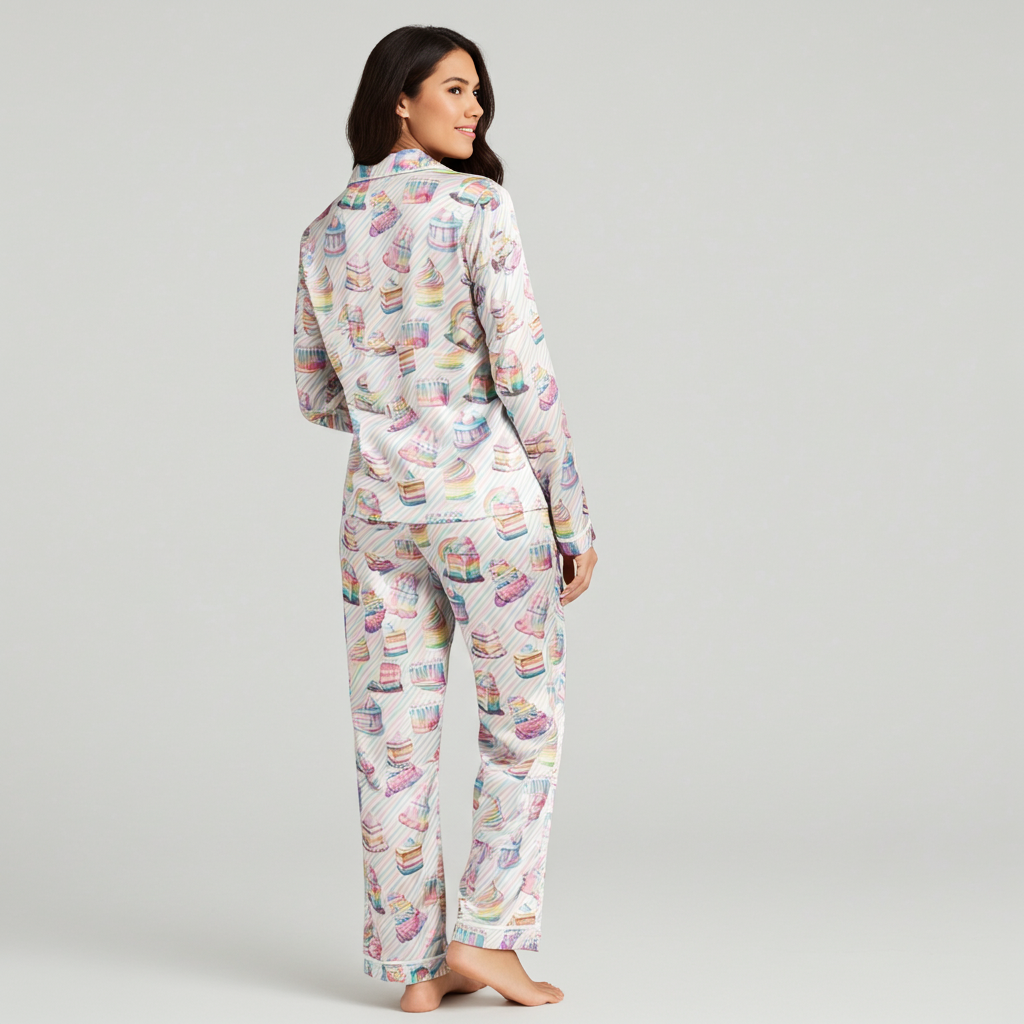 Women's Birthday Pajama Set, Pastel Rainbow Stripe Birthday Cakes, Silky PJs Women's Pajama Sets Slumberette™