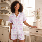 Women's Cute Pastel Chickens Jersey Knit Pajama Shorts Set, Pink Women's Pajama Sets Slumberette™