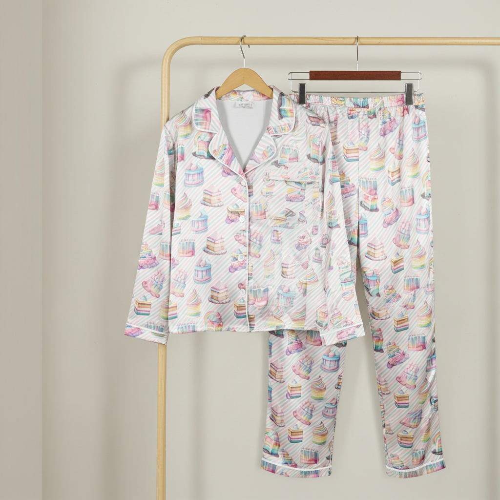 Women's Birthday Pajama Set, Pastel Rainbow Stripe Birthday Cakes, Silky PJs Women's Pajama Sets Slumberette™