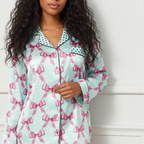 Women’s Pink Bows Satin Pajama Set – Pastel Green Cute Novelty Sleepwear Women's Pajama Sets Slumberette™