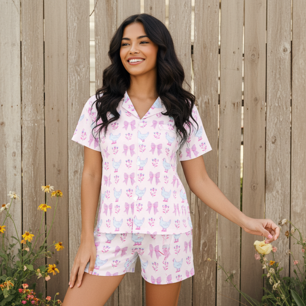 Women's Cute Pastel Chickens Jersey Knit Pajama Shorts Set, Pink Women's Pajama Sets Slumberette™
