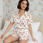Women's Satin 2-Pc Pajama Set with Ruffle Shorts Hem, Cherry & Bows Women's Pajama Sets Slumberette