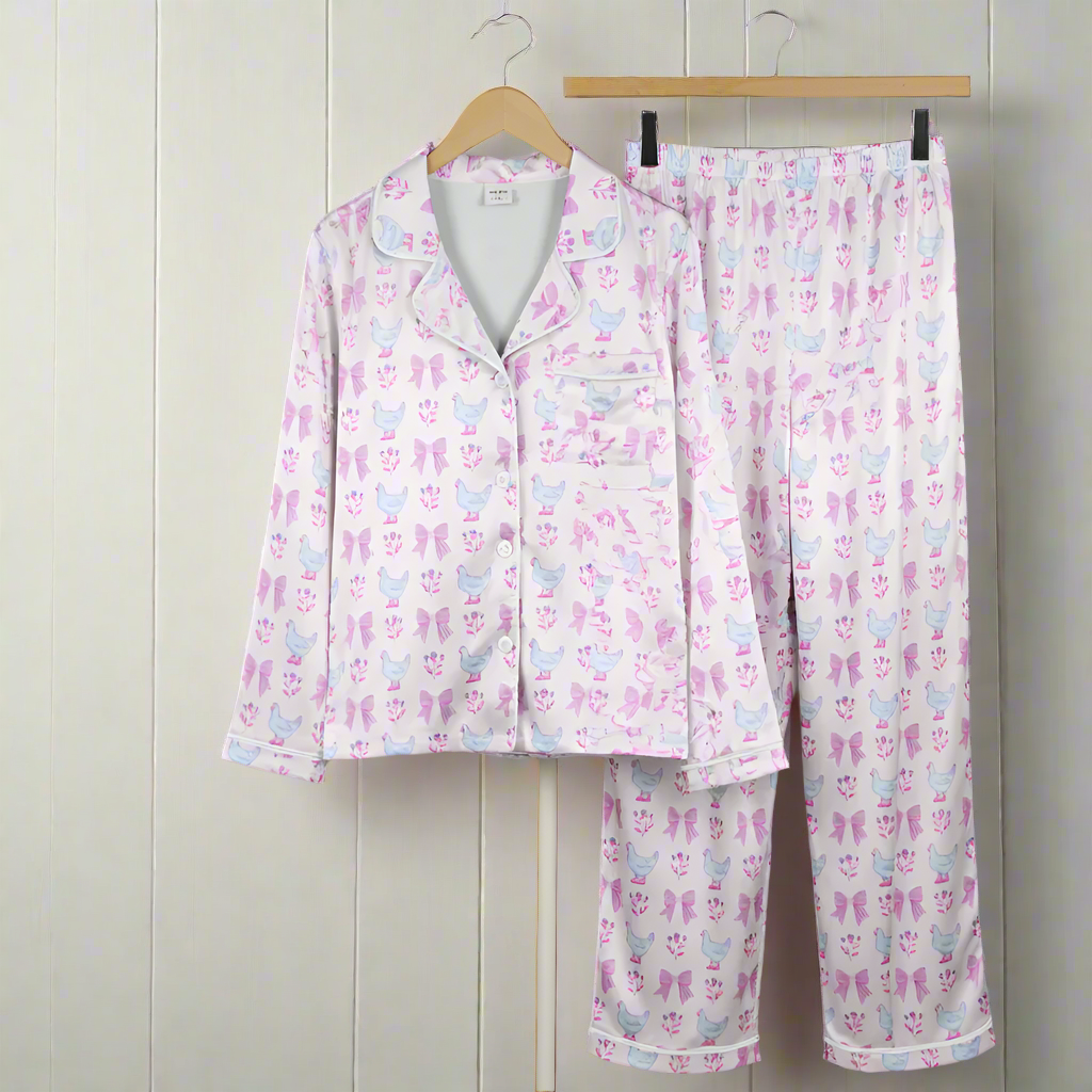 Pink chickens and bows patterned pajama set women's