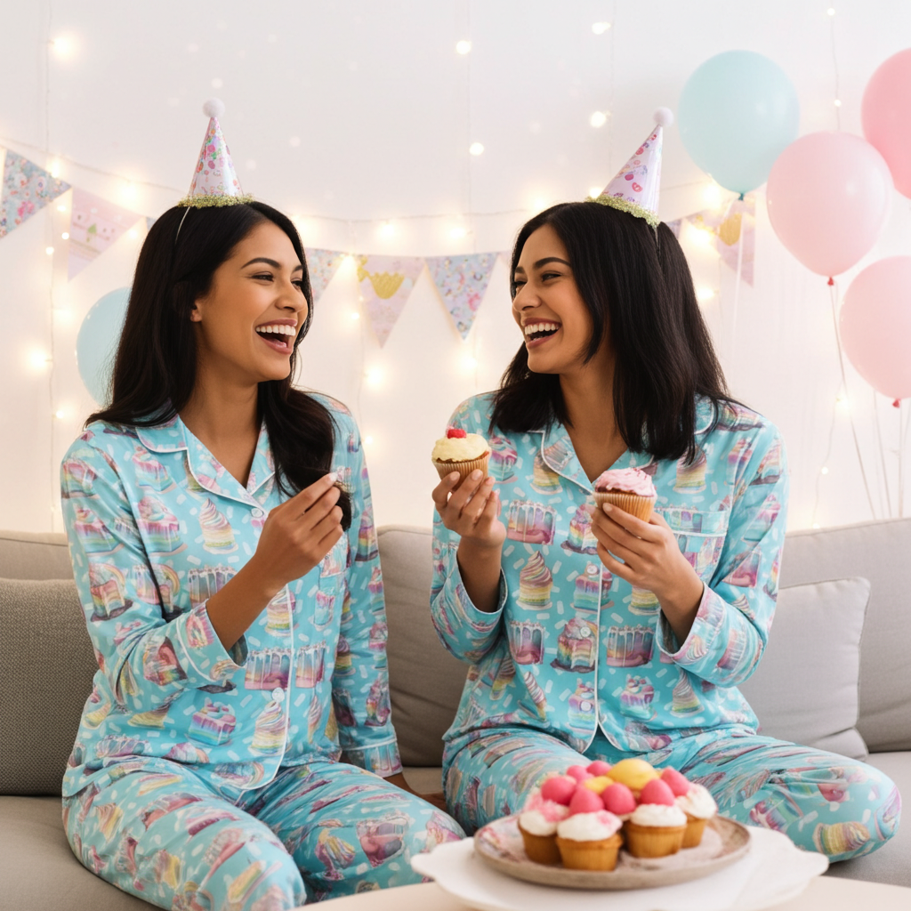 Women’s Birthday Pajamas – Pastel Cakes Cupcakes Print Lounge Set Women's Pajama Sets Slumberette