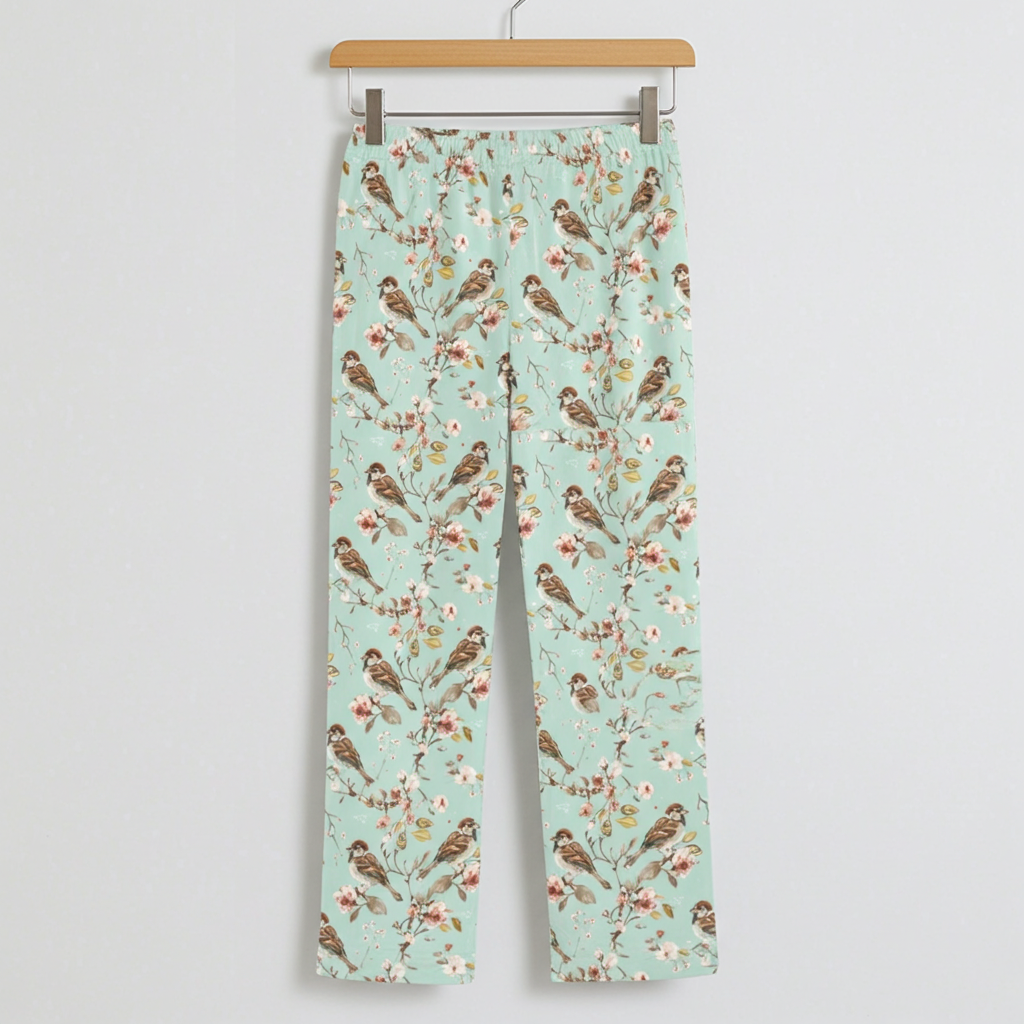 Women's Soft Knit Sparrows Bird Print Lounge PJ Pants, Sage Lounge Pants Slumberette