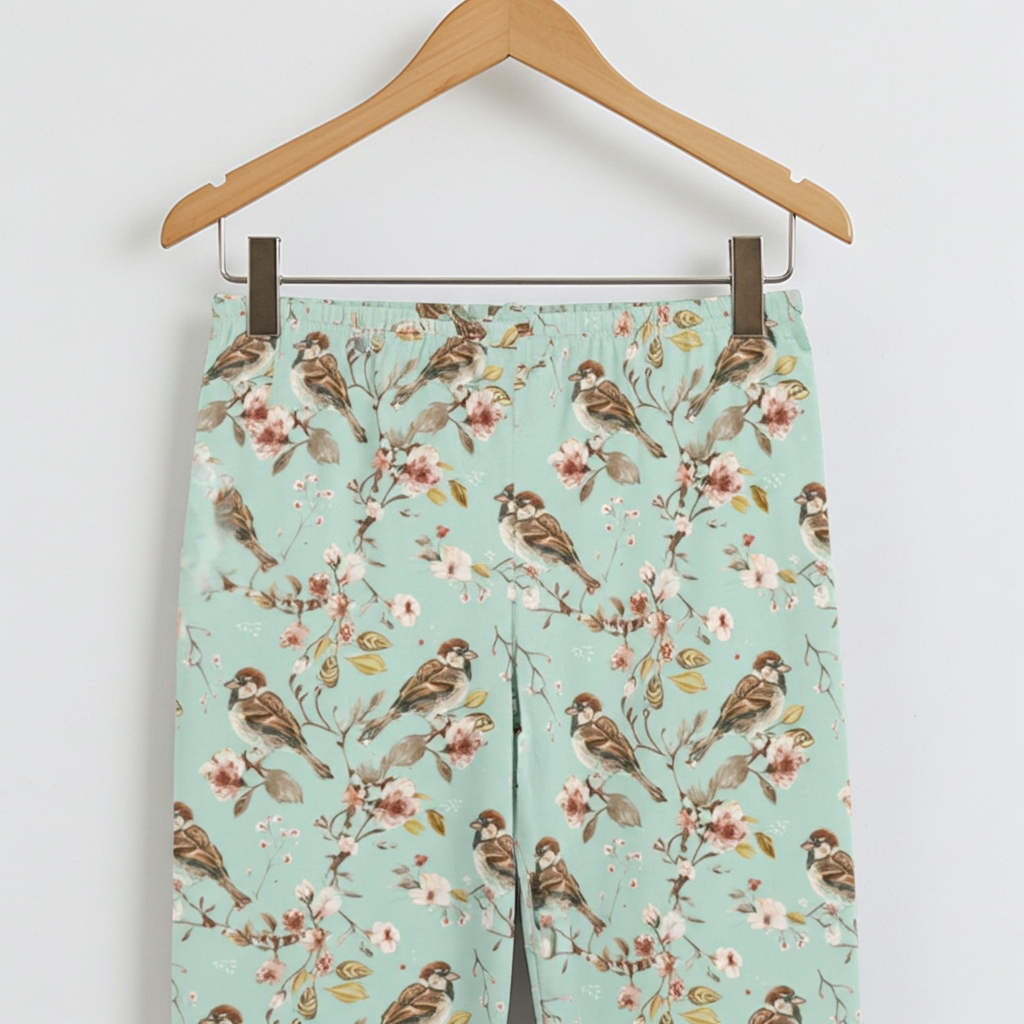 Women's Soft Knit Sparrows Bird Print Lounge PJ Pants, Sage Lounge Pants Slumberette