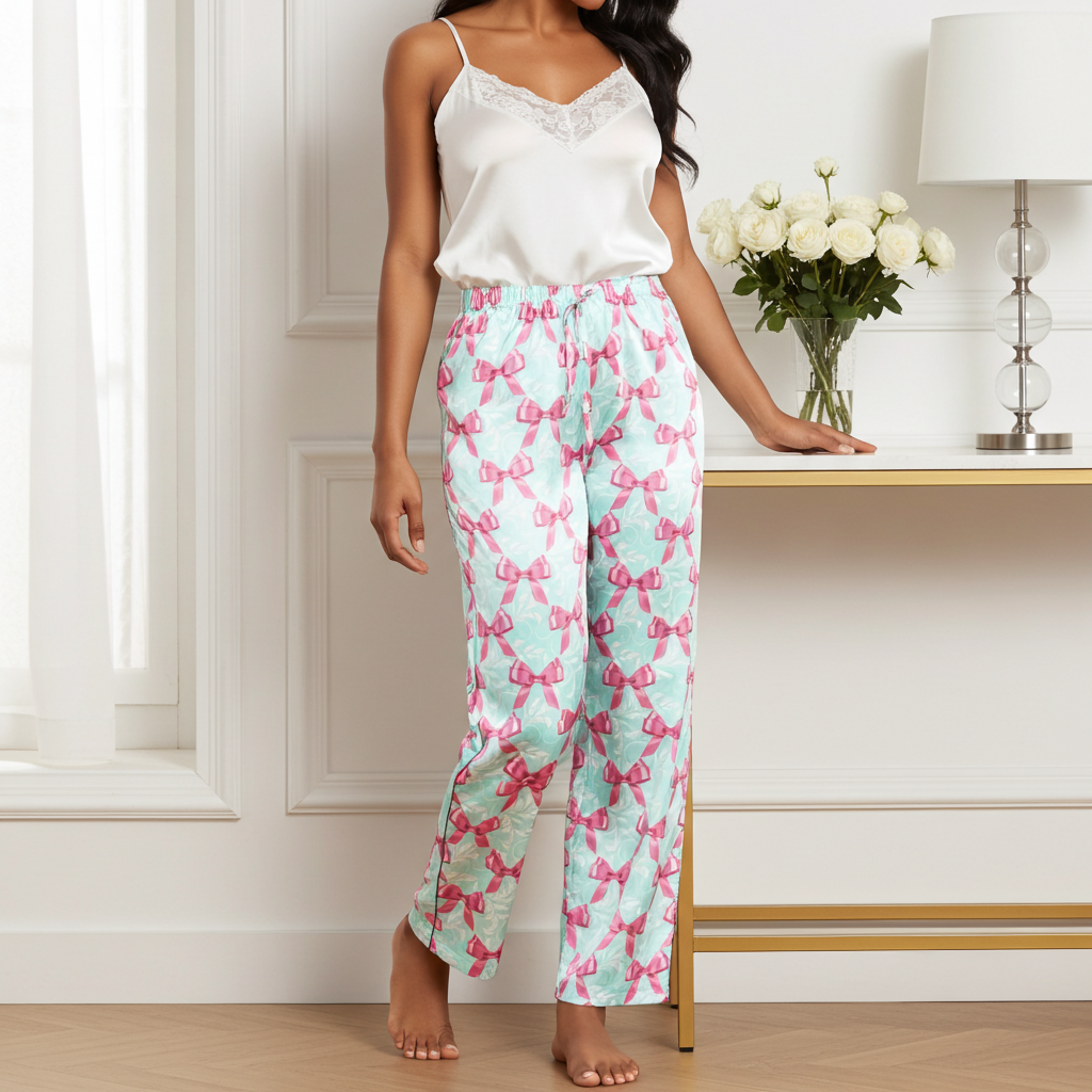 Women’s Satin Pajama Pants – Pink Bows Coquette Print, Cute Novelty Sleepwear Women's Pajama Sets Slumberette™