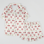 Women's Satin 2-Pc Pajama Set with Ruffle Shorts Hem, Cherry & Bows Women's Pajama Sets Slumberette