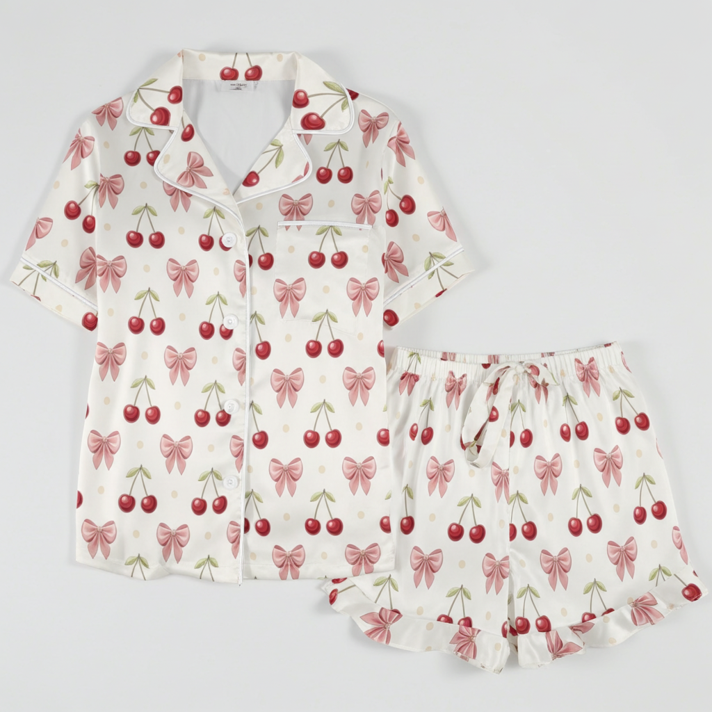 Women's Satin 2-Pc Pajama Set with Ruffle Shorts Hem, Cherry & Bows Women's Pajama Sets Slumberette