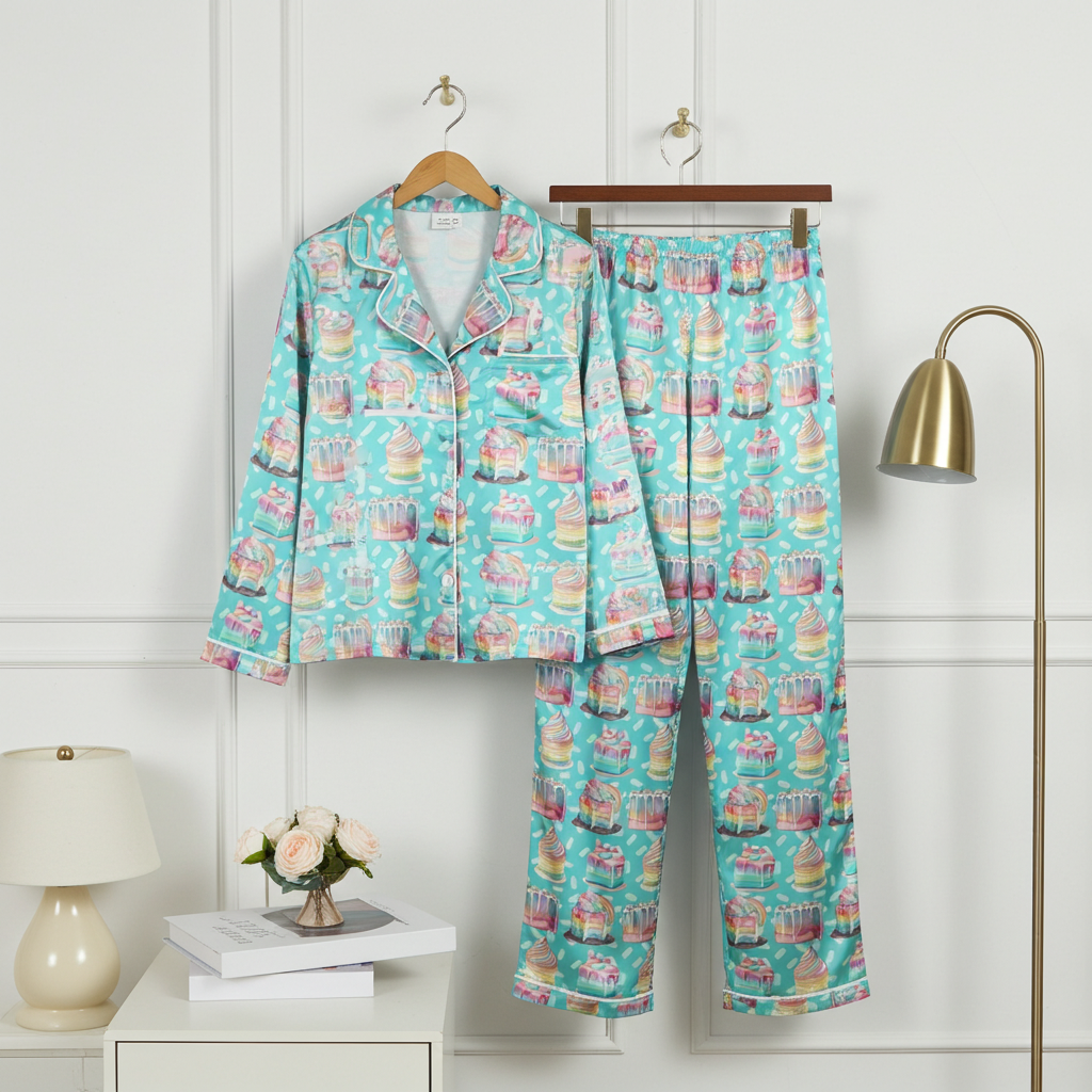 Women’s Satin Birthday Pajamas – Blue Pastel Cupcakes Print Lounge Set Women's Pajama Sets Slumberette™