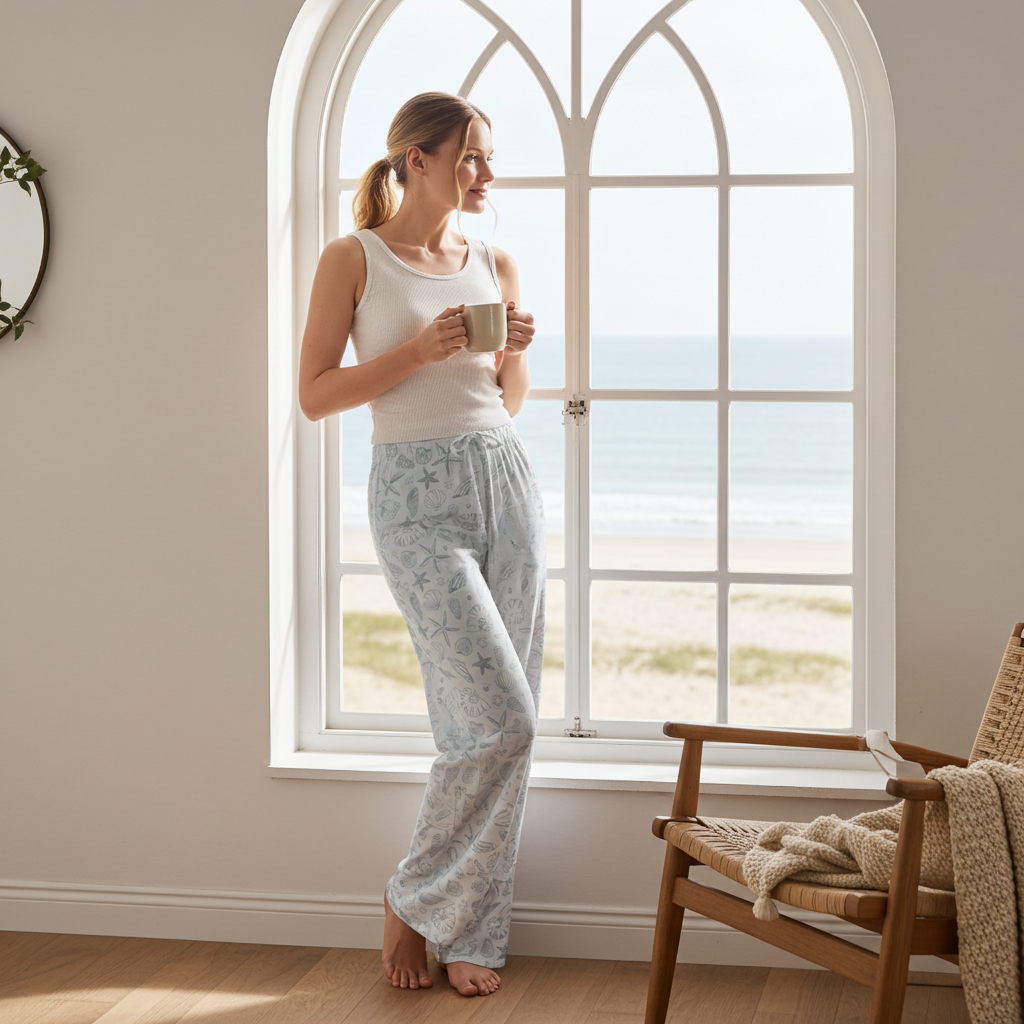 Women's Sea Shells Wide Leg Pajama Lounge Pants, Grey Womens Pajama Pants Slumberette