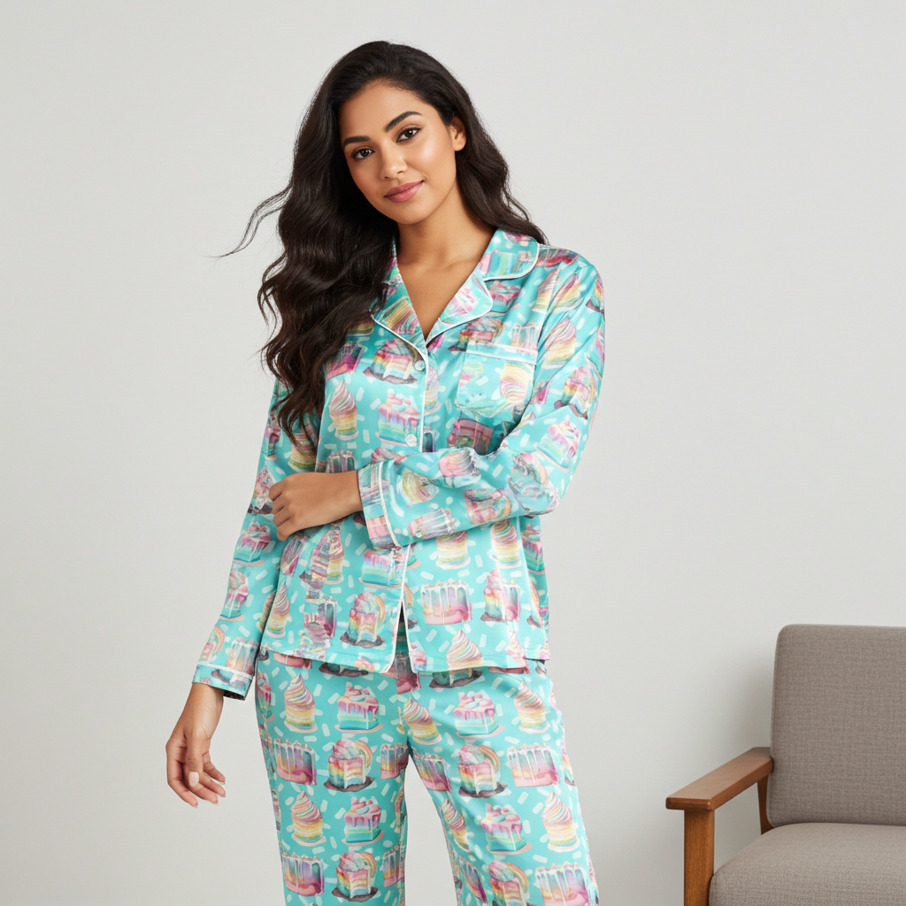 Women’s Satin Birthday Pajamas – Blue Pastel Cupcakes Print Lounge Set Women's Pajama Sets Slumberette™