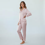Women’s Satin Pajama Set – Pastel Pink Dots, Contrast Binding