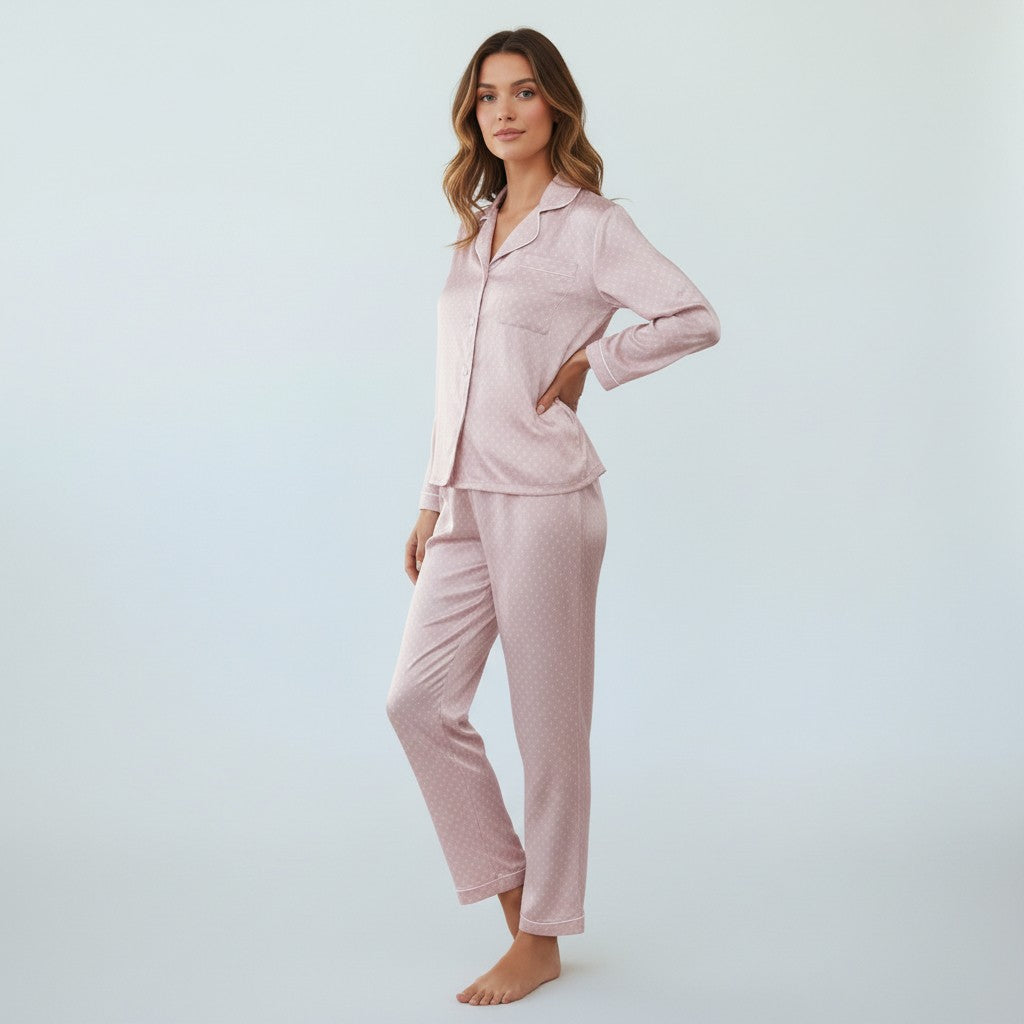 Women’s Satin Pajama Set – Pastel Pink Dots, Contrast Binding