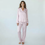 Women’s Satin Pajama Set – Pastel Pink Dots, Contrast Binding
