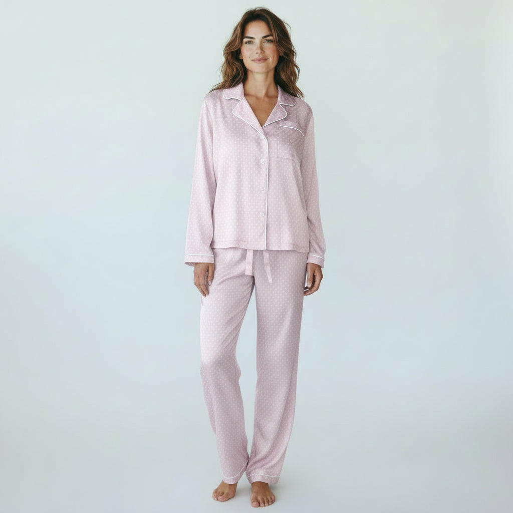 Women’s Satin Pajama Set – Pastel Pink Dots, Contrast Binding