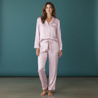 Women’s Satin Pajama Set – Pastel Pink Dots, Contrast Binding