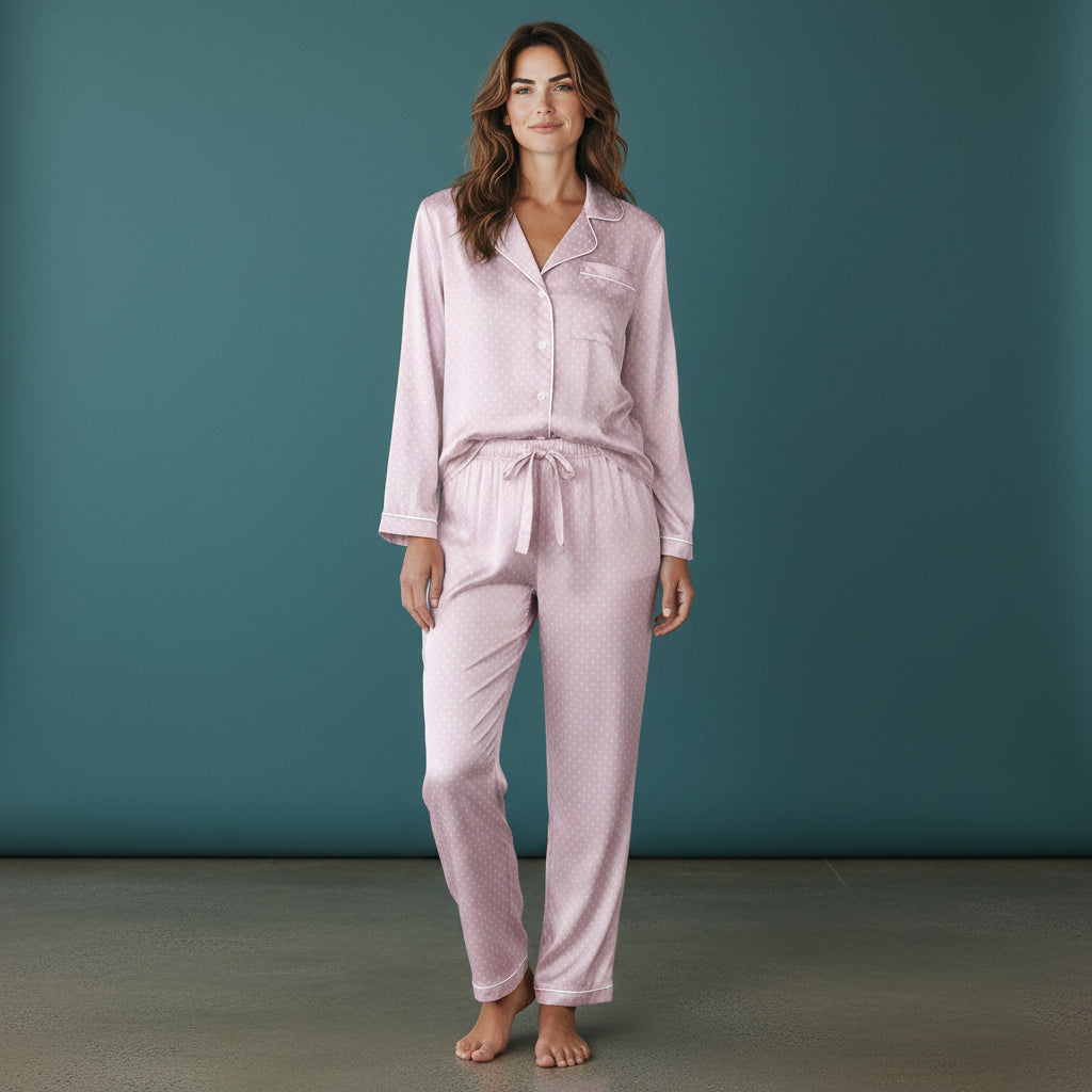 Women’s Satin Pajama Set – Pastel Pink Dots, Contrast Binding