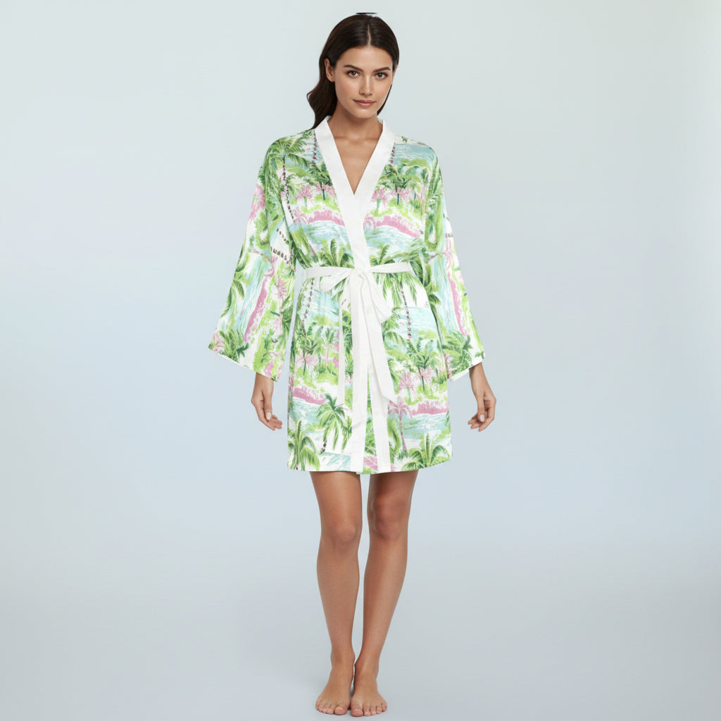 Women's Beach Tropical Satin Robe, Destination Wedding, Matching Bridesmaids