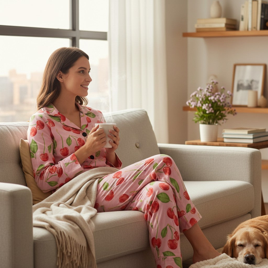 Women's Classic Jersey Knit Pajama Set, Cherry Print