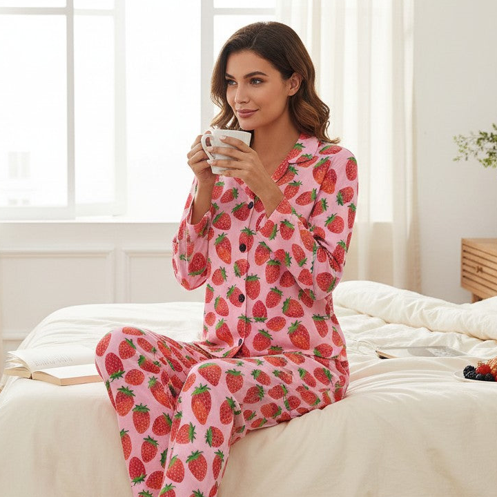 Women's Jersey Knit Classic Pajama Set, Pink Strawberry Print