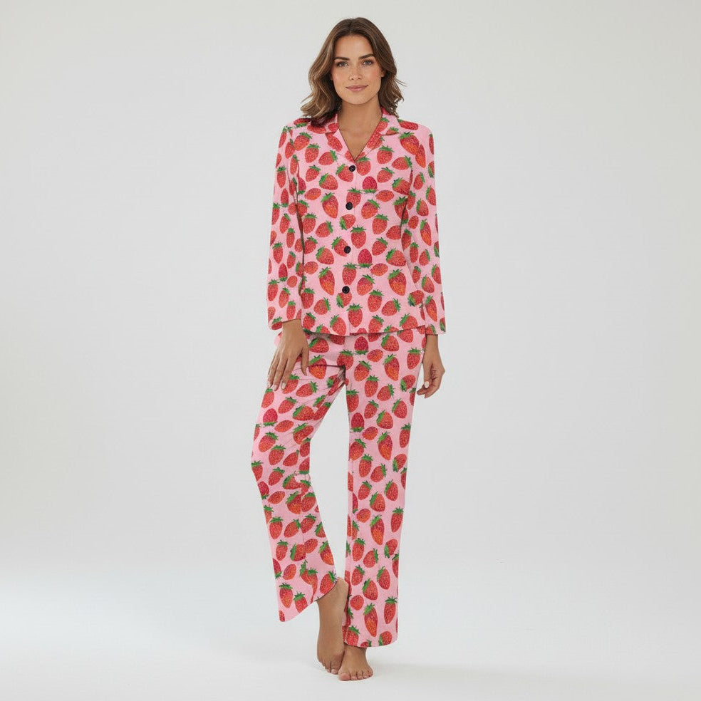 Women's Jersey Knit Classic Pajama Set, Pink Strawberry Print