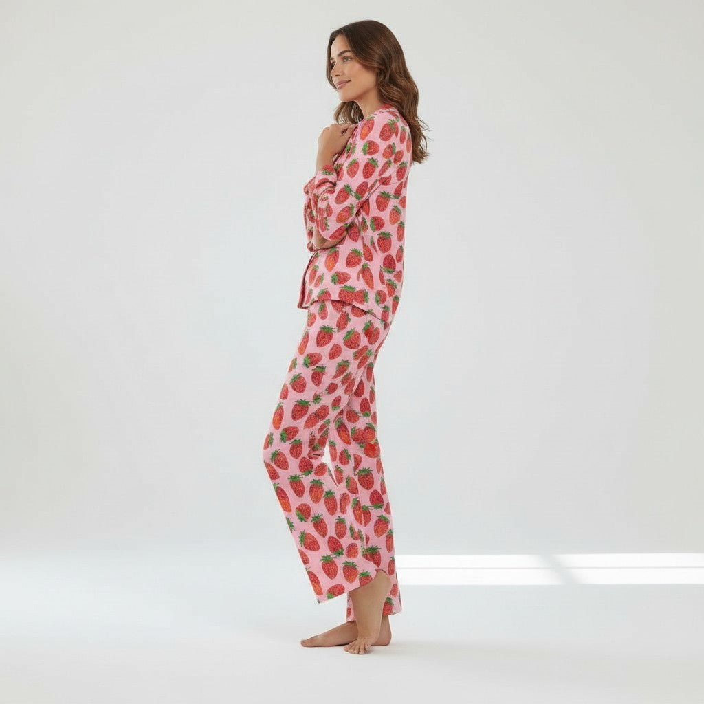 Women's Jersey Knit Classic Pajama Set, Pink Strawberry Print
