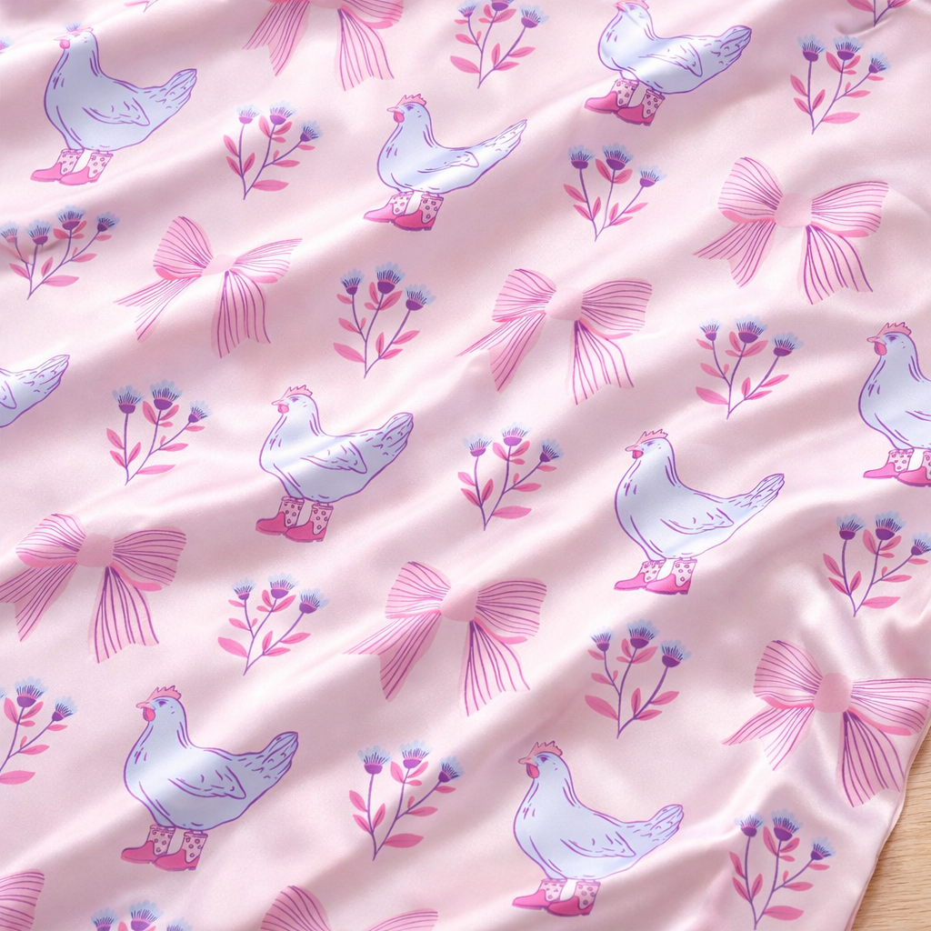 Women's Silky Pajama Set - Cute Pastel Chickens, Pink
