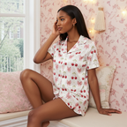 Women's Satin 2-Pc Pajama Set with Ruffle Shorts Hem, Cherry & Bows Women's Pajama Sets Slumberette