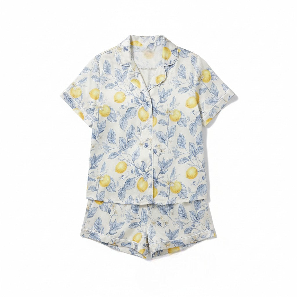 Women's Summer Satin Short Pajamas - Lemon Floral Print