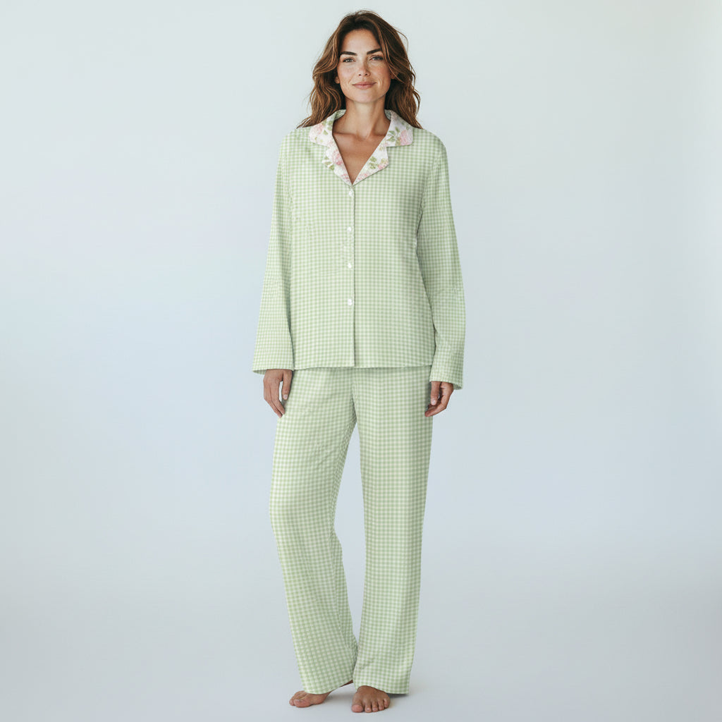 Women's Jersey Knit Light Green Gingham Pajamas