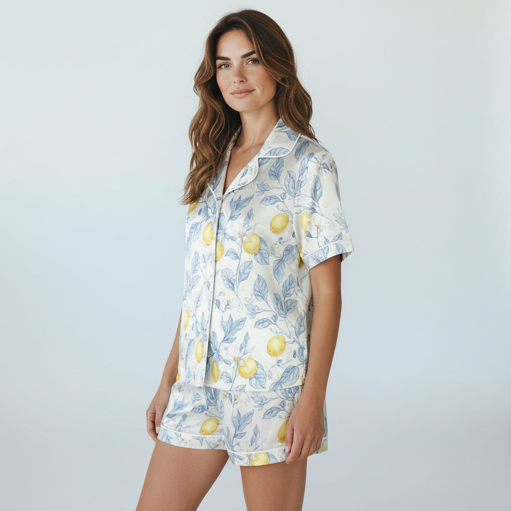 Women's Summer Satin Short Pajamas - Lemon Floral Print