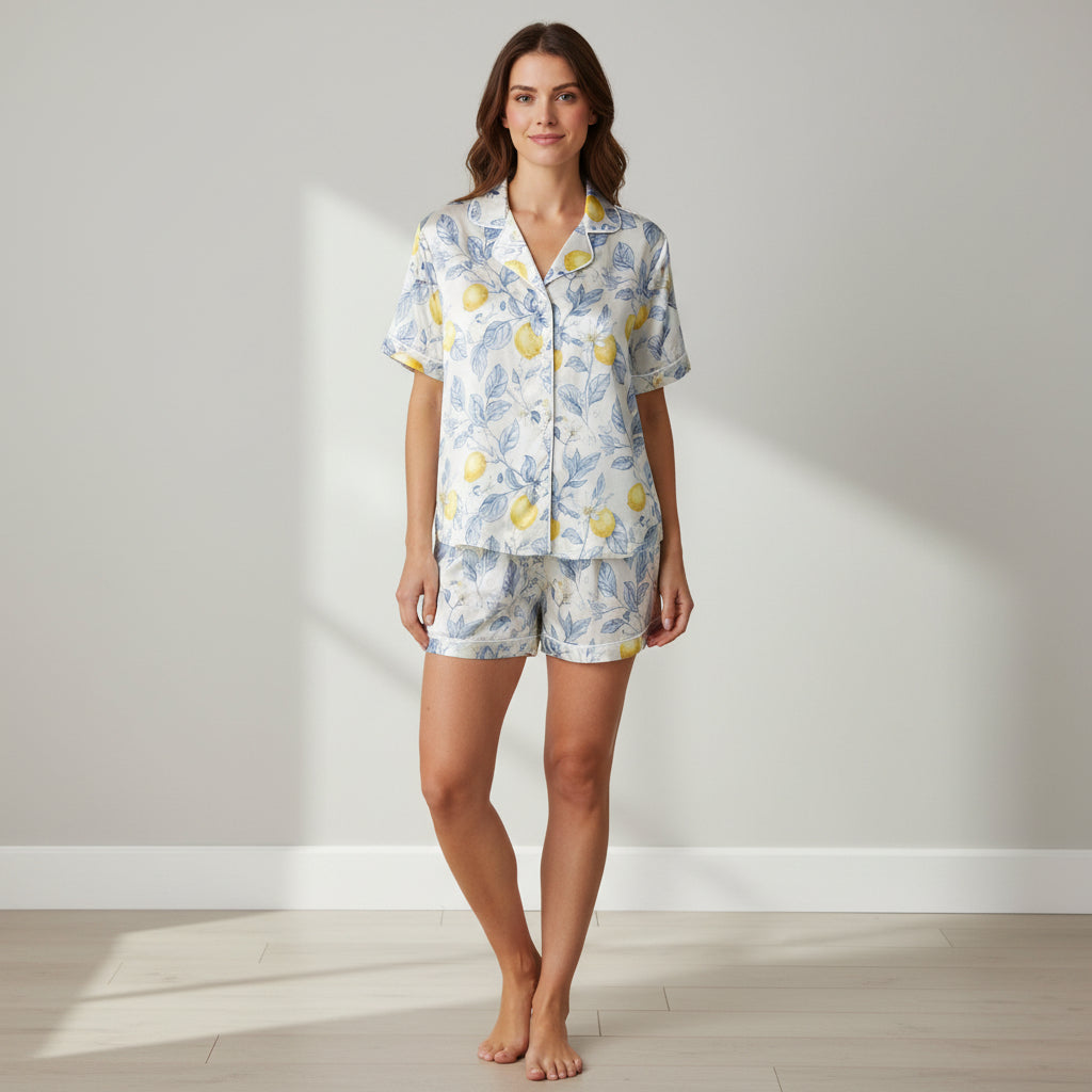 Women's Summer Satin Short Pajamas - Lemon Floral Print