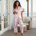 Women's pink pajama set, pineapple print, beachy theme, silky tropical pajamas