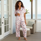 Women's pink pajama set, pineapple print, beachy theme, silky tropical pajamas
