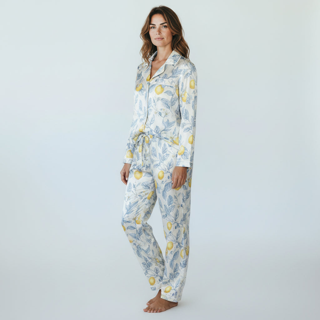 Women's Satin Resort Pajamas - Lemon Floral Print, Amalfi Coast