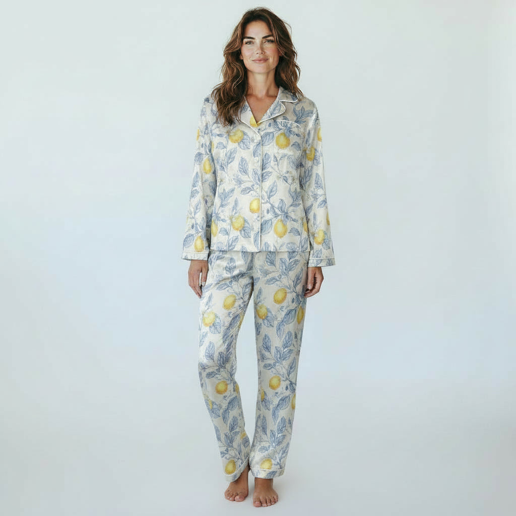 Women's Satin Resort Pajamas - Lemon Floral Print, Amalfi Coast