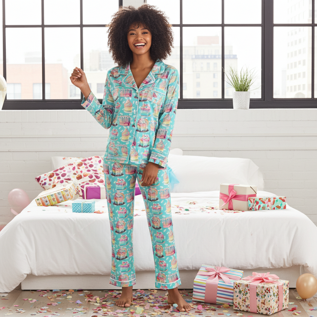 Women’s Satin Birthday Pajamas – Blue Pastel Cupcakes Print Lounge Set Women's Pajama Sets Slumberette™