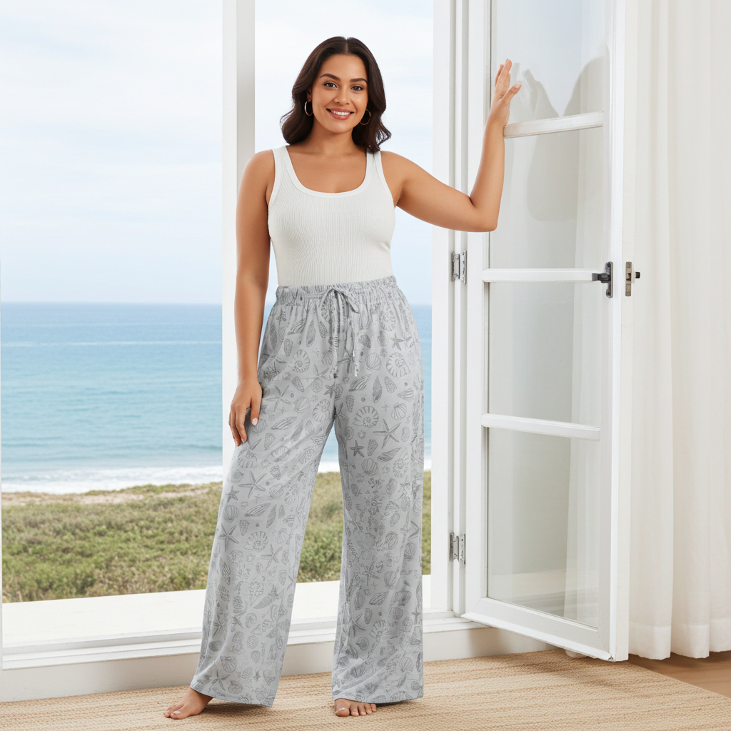 Women's Sea Shells Wide Leg Pajama Lounge Pants, Grey Womens Pajama Pants Slumberette