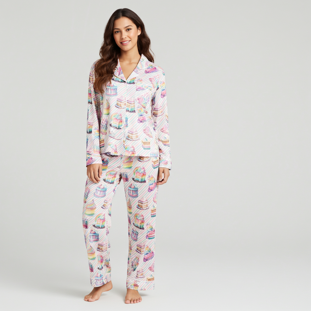 Women’s Silky Birthday Pajamas - Pink Pastel Rainbow Cakes Pajama Pants Slumberette™