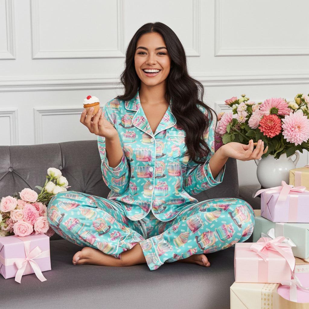 Women’s Satin Birthday Pajamas – Blue Pastel Cupcakes Print Lounge Set Women's Pajama Sets Slumberette™