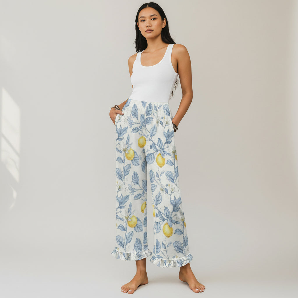 Women's Cropped Lounge Pant, Ruffle Hem - Positano Lemons