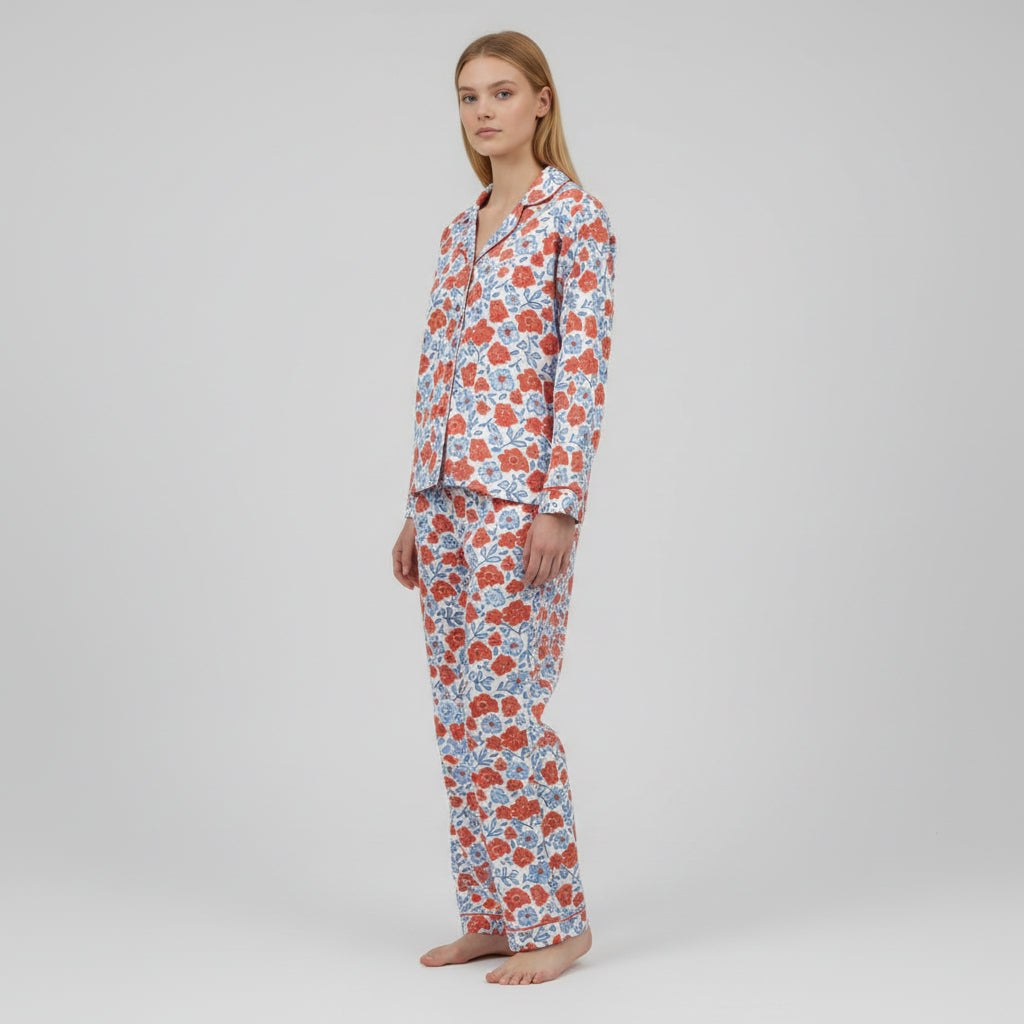 Women's Summer Pajamas - Red, White Blue Ditzy Floral