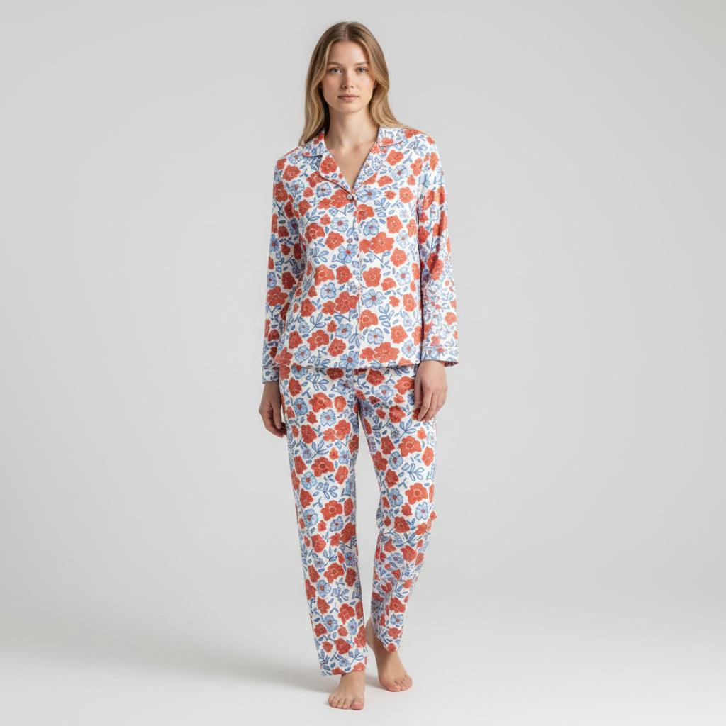 Women's Summer Pajamas - Red, White Blue Ditzy Floral