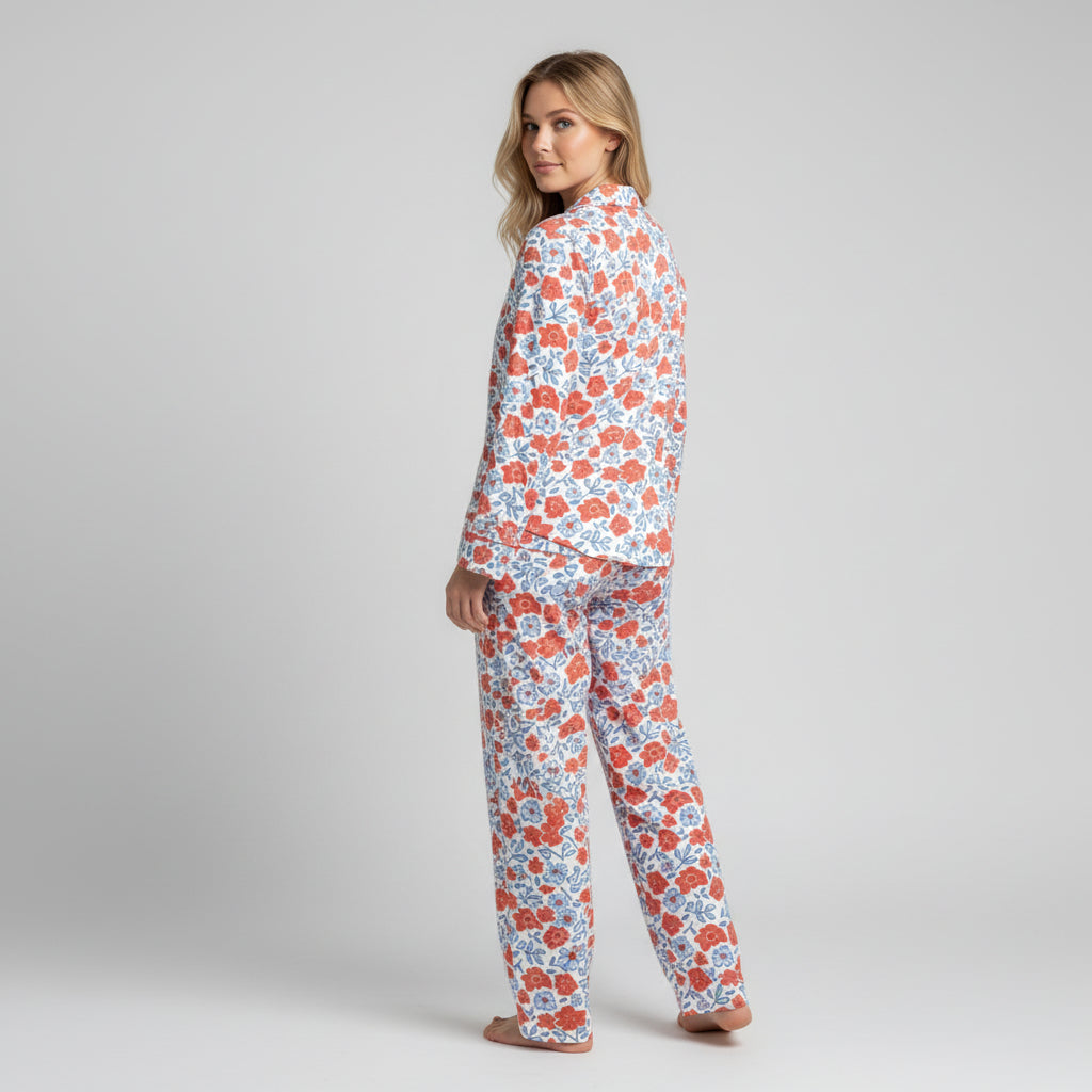 Women's Summer Pajamas - Red, White Blue Ditzy Floral